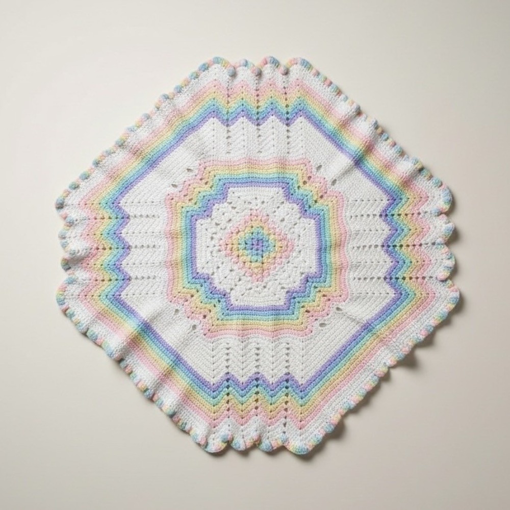 Vintage Handmade Crochet Baby Blanket Pastel Rainbow Granny Square 38x38